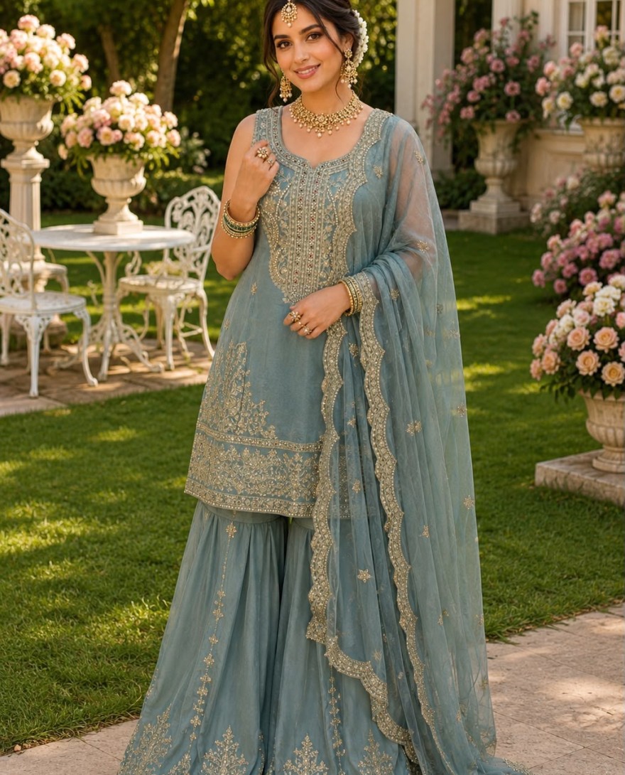 2172 - Aqua Blue Silk Beads, Diamond, Embroidered and Sequins Work Salwar Suit for Ceremonial
